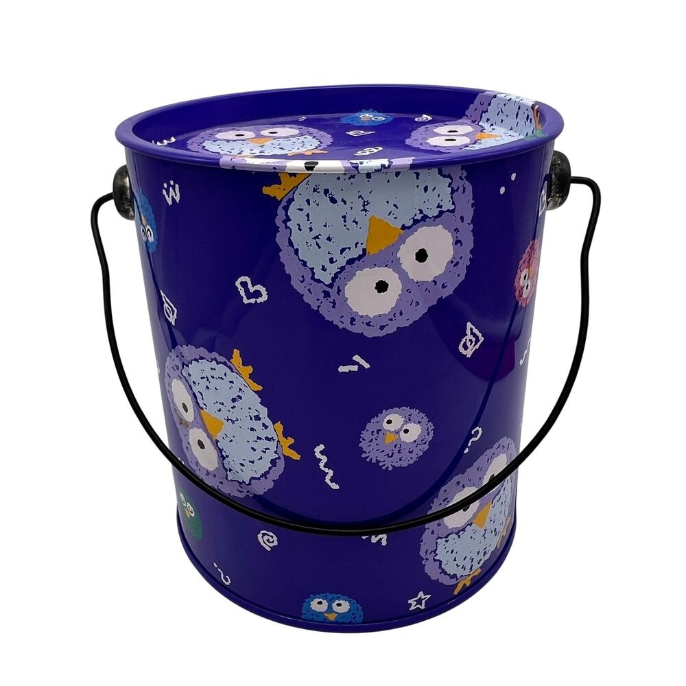 Vintage Sanrio 1991 Hooty Hoots Owl Purple Tin Bucket Pail with Handle Lid Japan